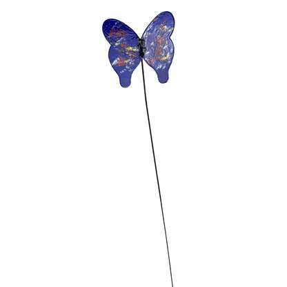 Blue glass butterfly garden stake with iridescent accents on slender metal rod