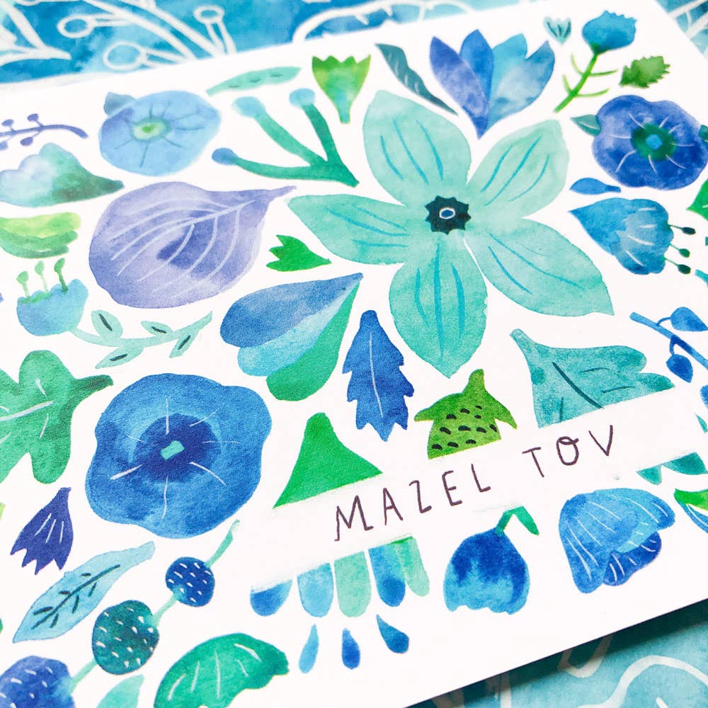 Blue Flower Mazel Tov Greeting Card
