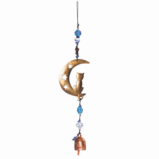 Decorative hanging ornament with moon, stars, and bell on a white background