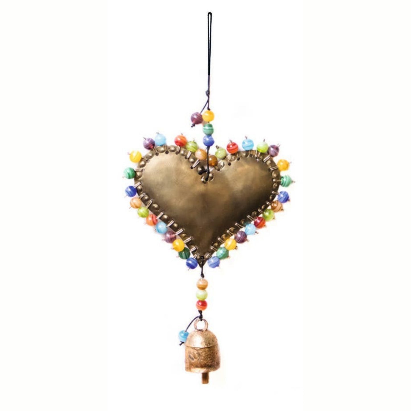 Decorative heart-shaped ornament with colorful beads and a bell on a white background