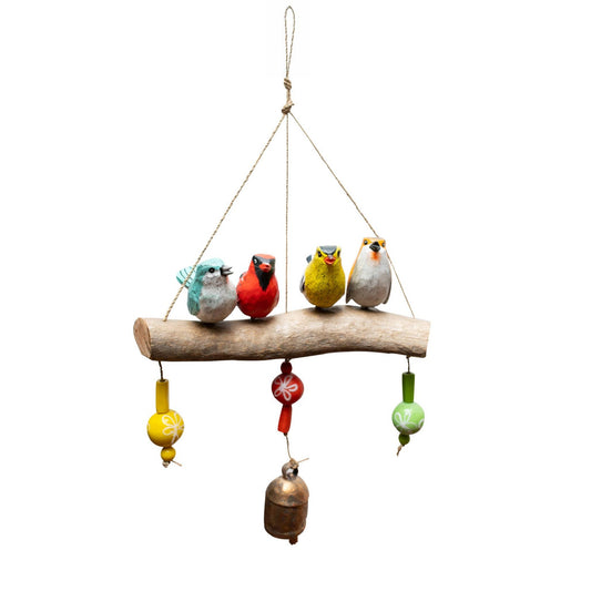 Decorative hanging mobile with colorful birds and beads on a white background