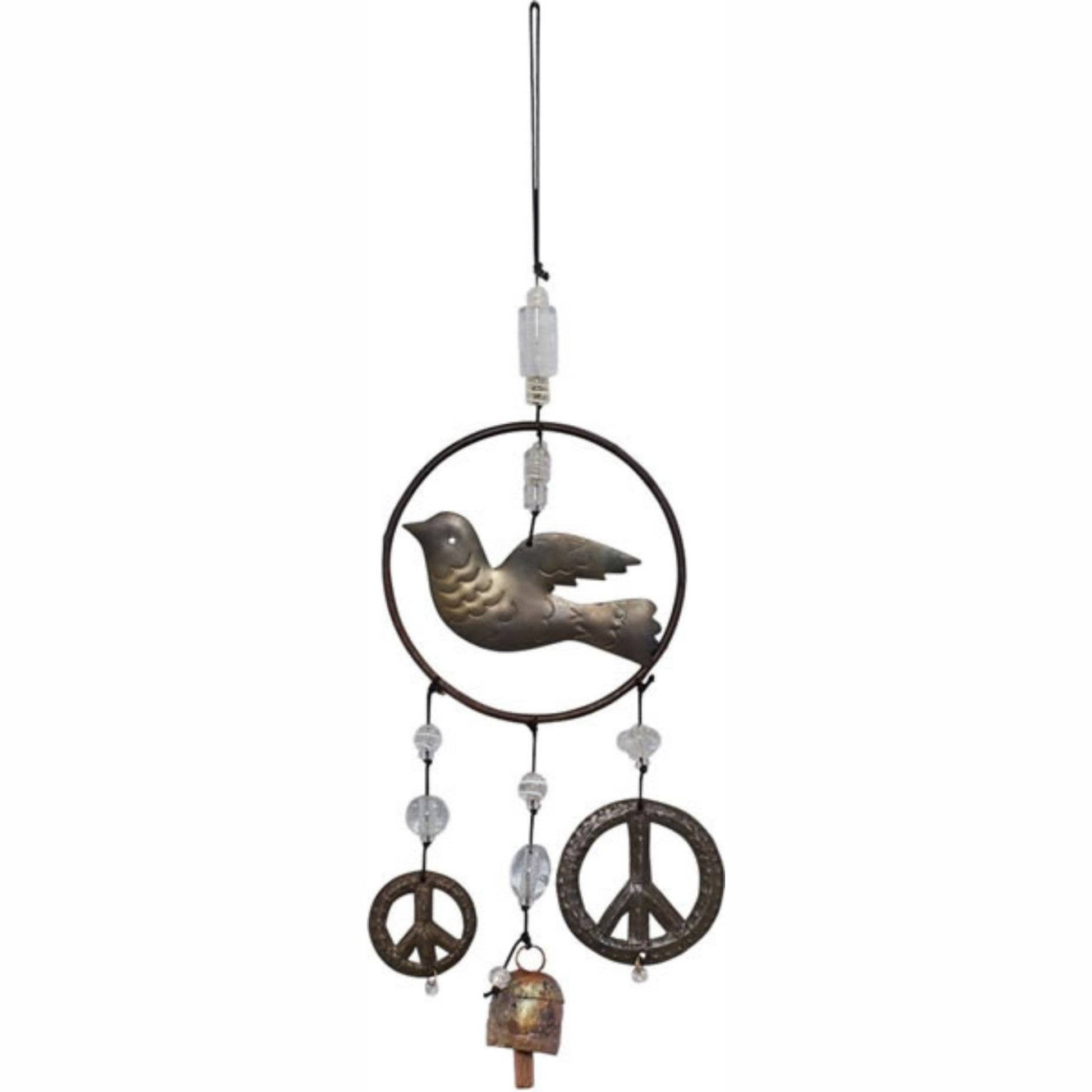 Decorative hanging ornament with bird, peace signs, and bells on a white background