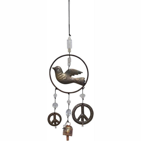 Decorative hanging ornament with bird, peace signs, and bells on a white background