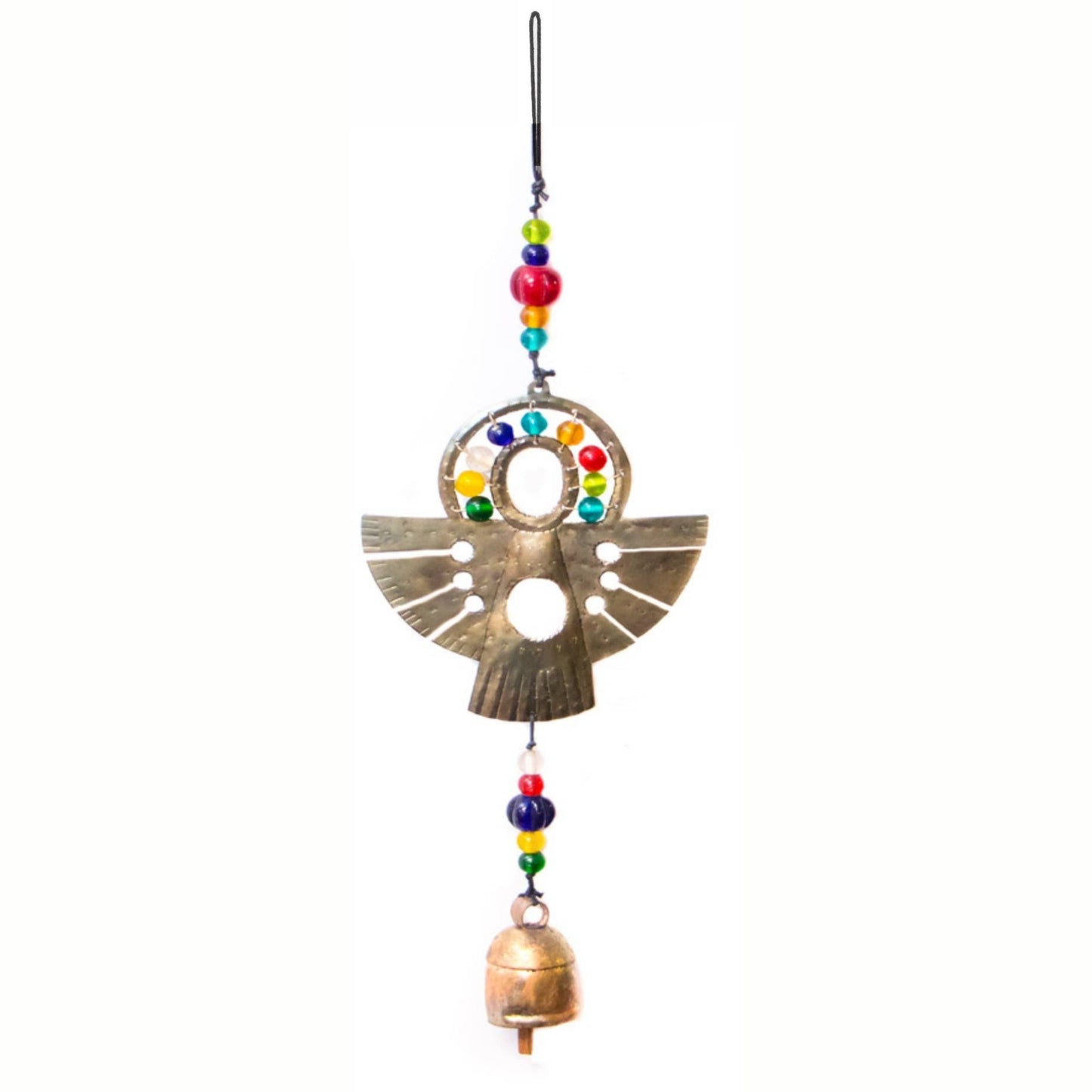 Decorative hanging ornament with colorful beads and a bell on a white background