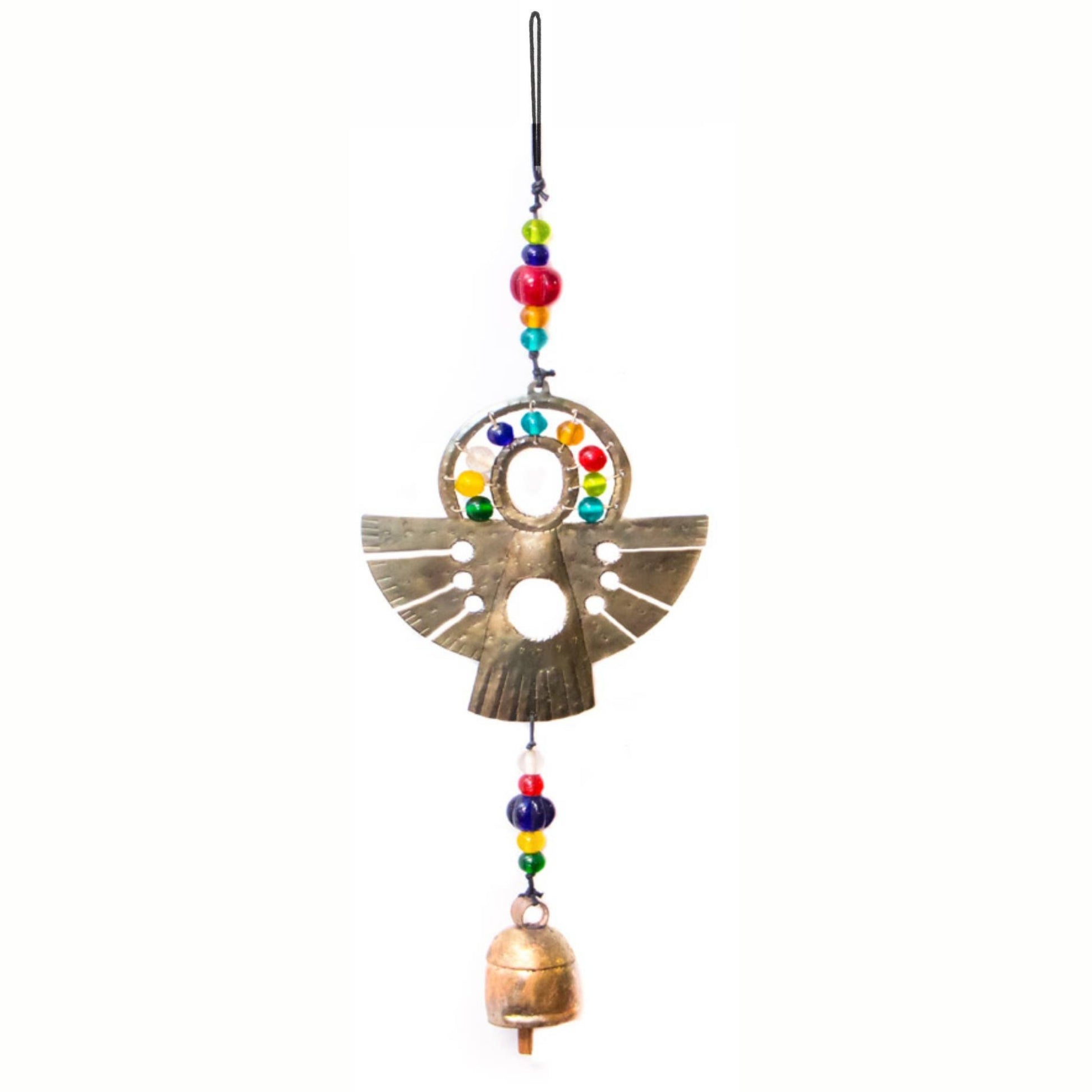 Decorative hanging ornament with colorful beads and a bell on a white background
