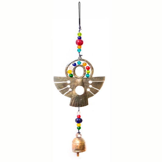 Decorative hanging ornament with colorful beads and a bell on a white background