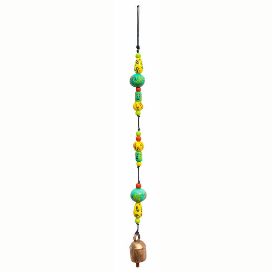 Colorful beaded string with a bell on a white background