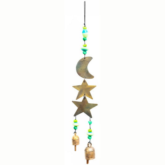 Decorative hanging with stars, a moon, and small bells on a string.
