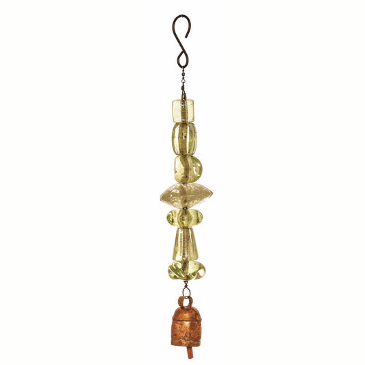 Decorative wind chime with glass tubes and a wooden bell on a white background