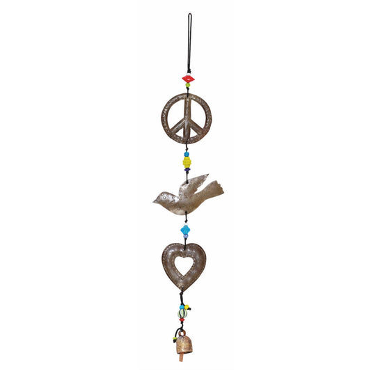 Decorative hanging ornament with peace symbol, heart, and bird on a white background