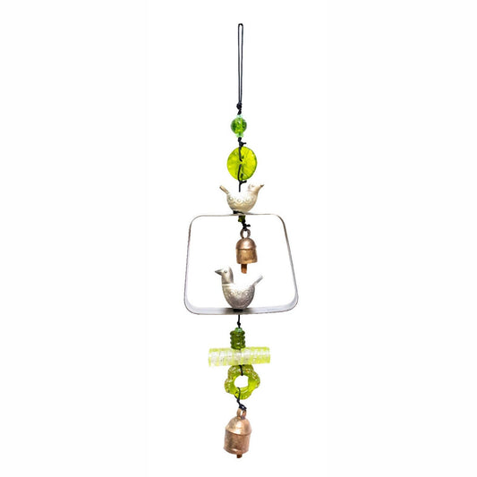 Decorative hanging ornament with birds and bells on a white background