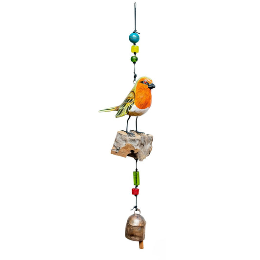 Decorative bird with colorful beads and a bell on a white background
